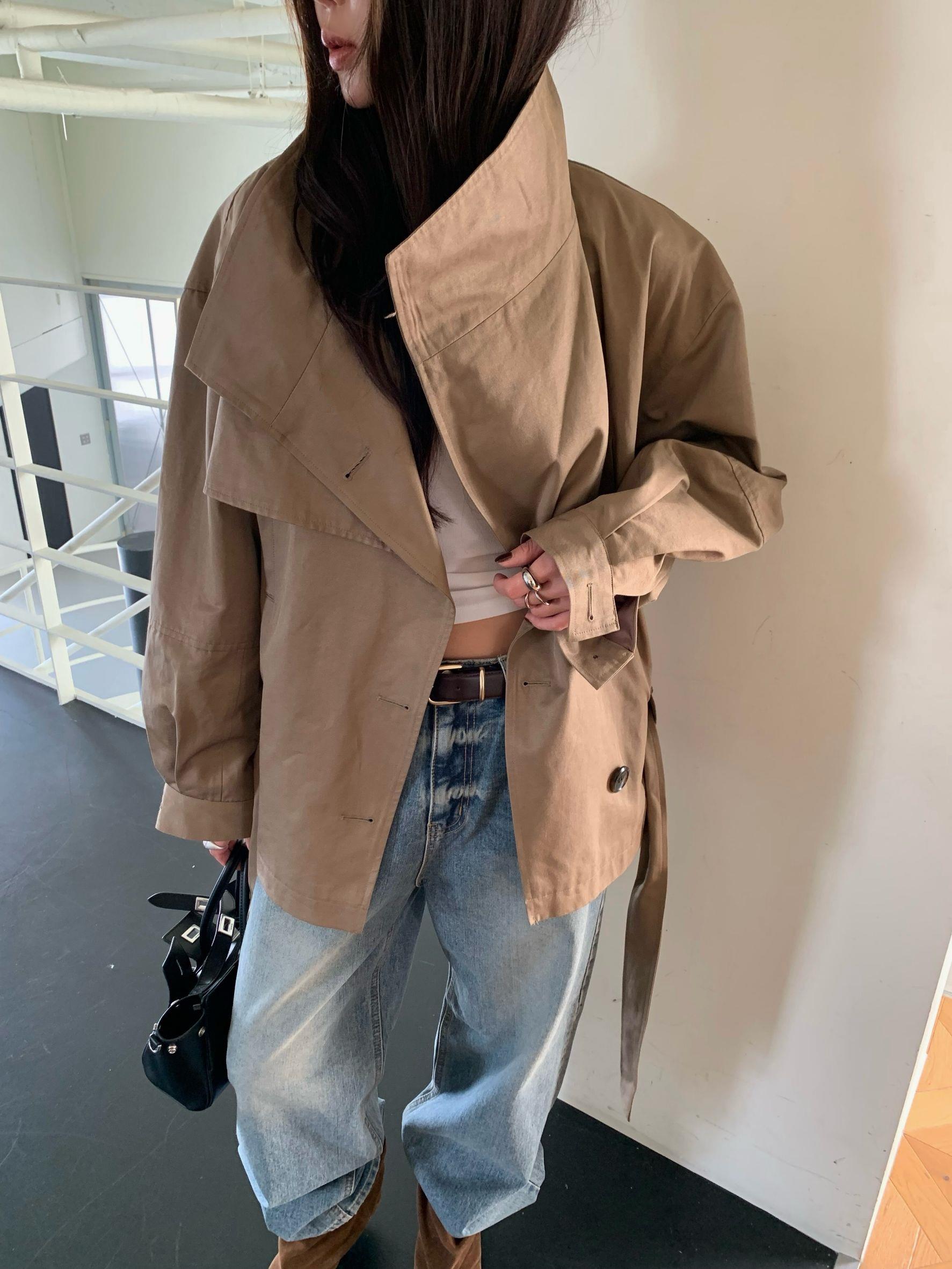 大圓扣腰綁帶風衣外套